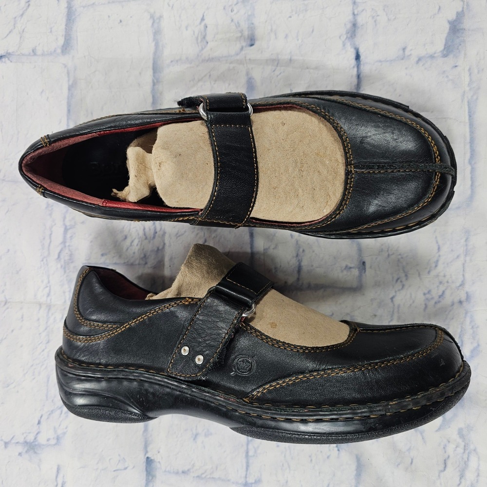 Born Mary Jane Shoes Women 8 Black Leather Contrast Stitch Comfort Casual Flats